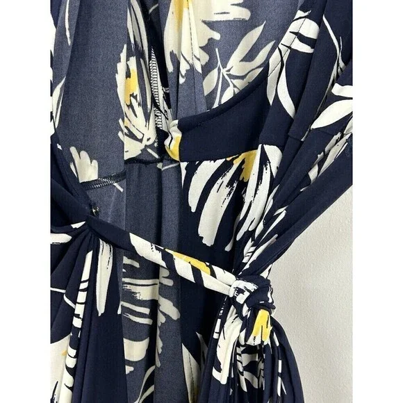 Maggy London Women Sz 8 Navy And Yellow Tropical Floral Cap Sleeve Wrap Dress N4 - Picture 6 of 11